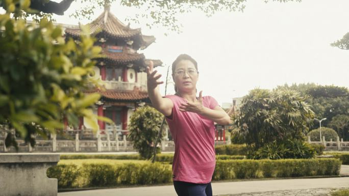 活跃的亚洲女学长在公园里打太极（慢动作）