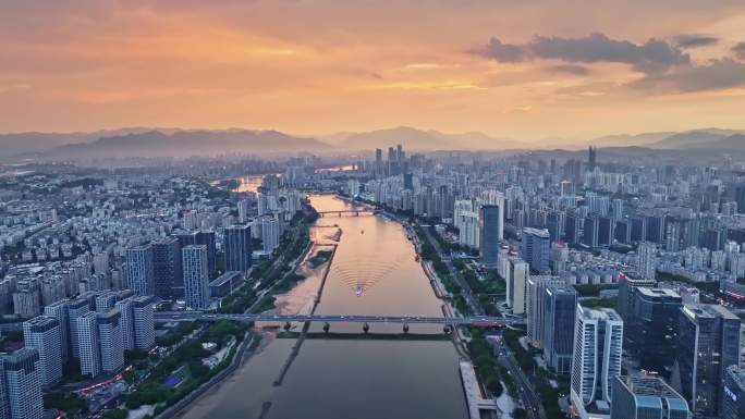 福州城市大景全景晚霞航拍（闽江）