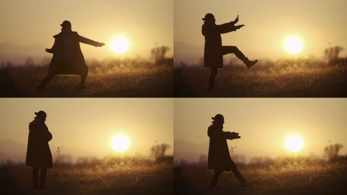 回归自然。一位年轻女子在清晨的日出时分练习太极拳。一个快乐的女孩在大自然中做放松运动的远景。