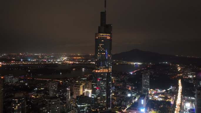 航拍南京紫峰大厦夜景