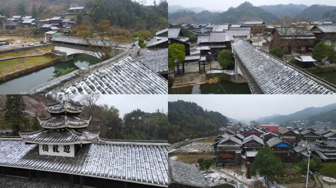 4K航拍通道坪坦古侗寨侗族风雨桥鼓楼雪景