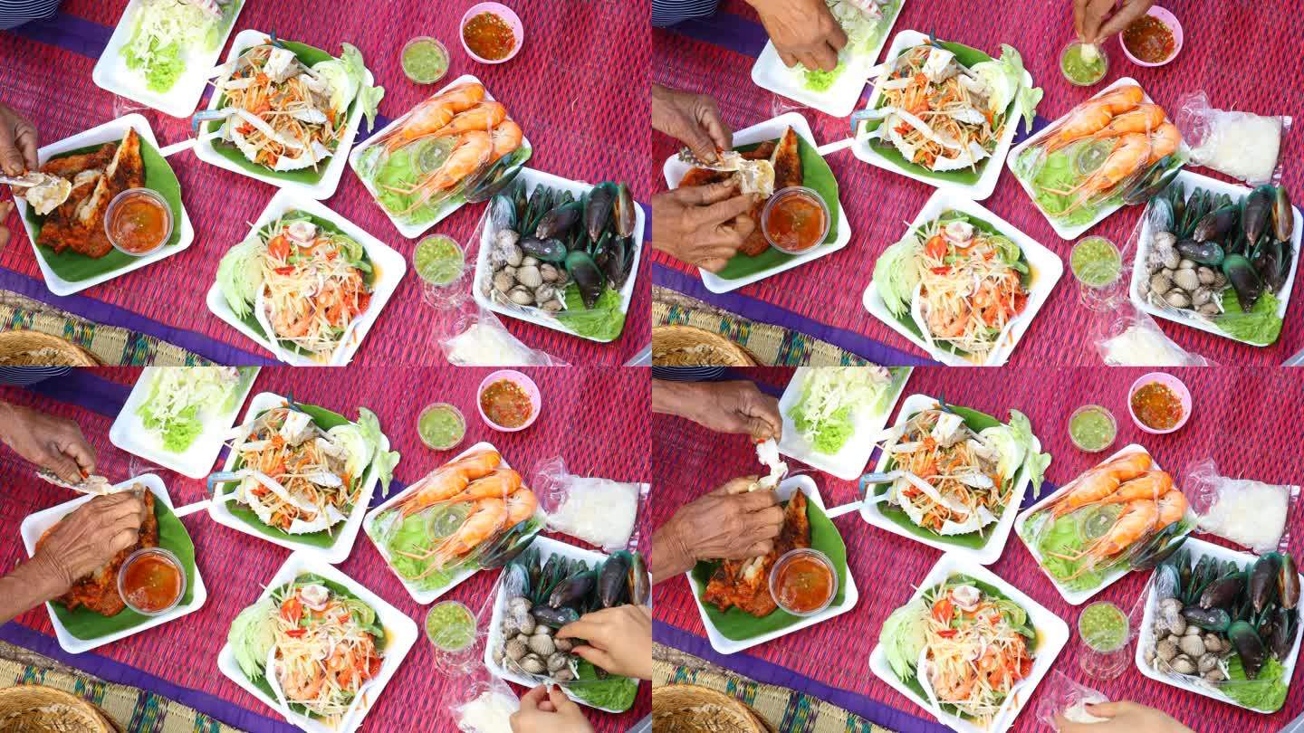 木瓜沙拉或Somtam和海鲜，泰国食品