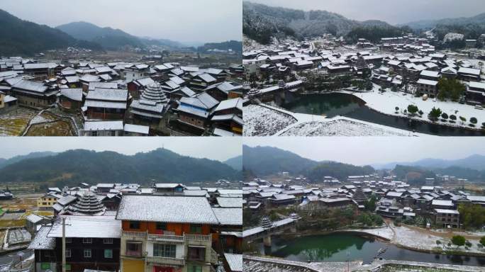 4K航拍通道横岭古侗寨侗族风雨桥鼓楼雪景