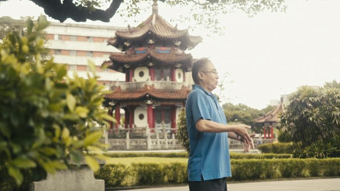 活跃的亚洲男性老年人在公园里打太极（慢动作）