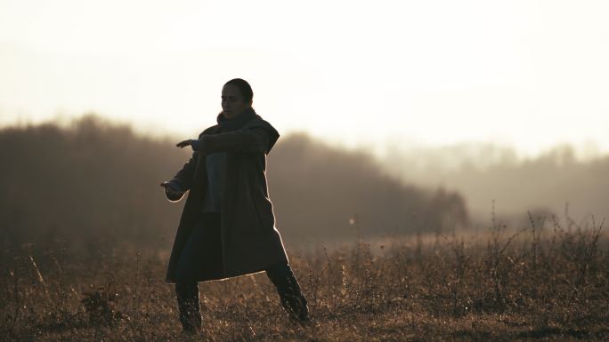 回归自然。一位年轻女子在清晨的日出时分练习太极拳。一个快乐的女孩在大自然中做放松运动的远景。