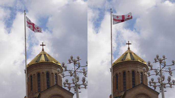 格鲁吉亚国家第比利斯萨梅巴大教堂圣三一大教堂内挥舞格鲁吉亚国旗