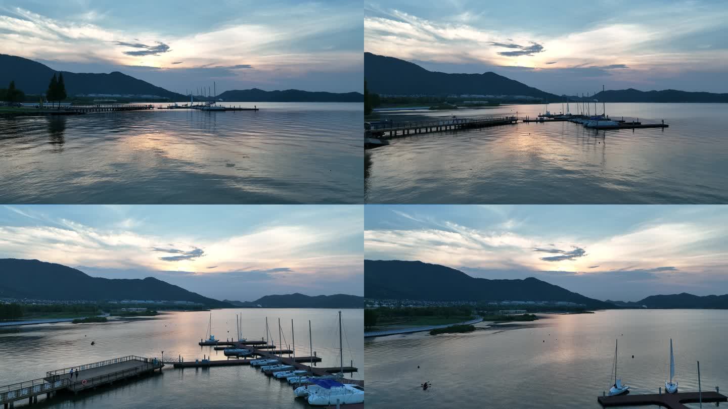 湖面夕阳航拍
