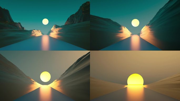 【4K时尚背景】虚拟科幻世界日落夕阳山体