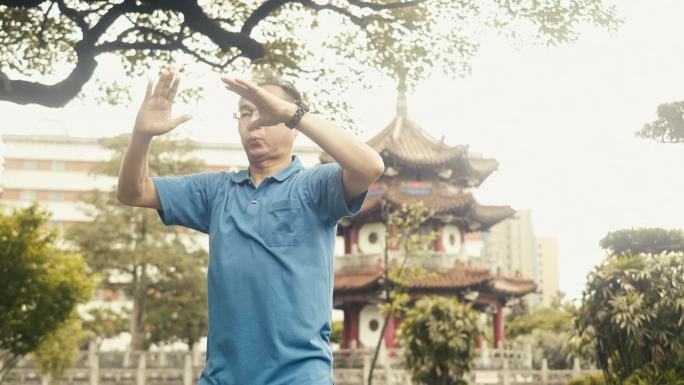 活跃的亚洲男性老年人在公园里打太极（慢动作）