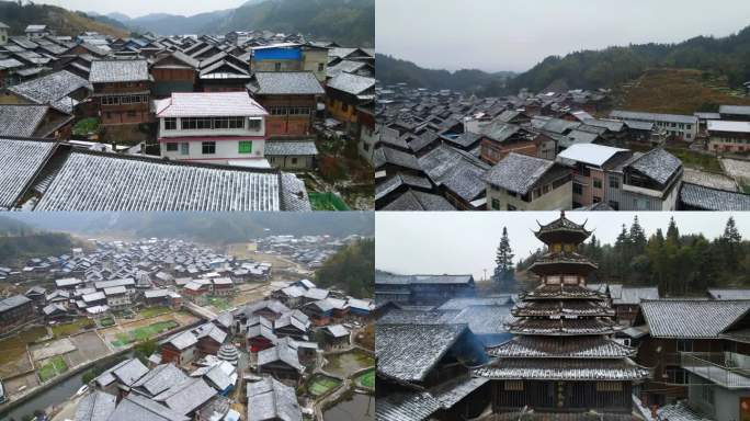 4K航拍通道高步古侗寨侗族风雨桥鼓楼雪景