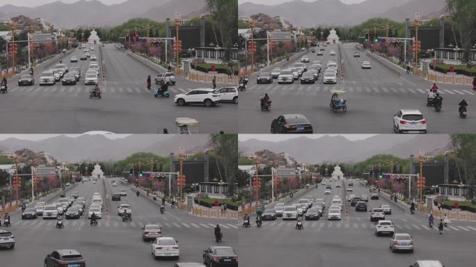 4K西藏拉萨布达拉宫林廓西路车辆行驶