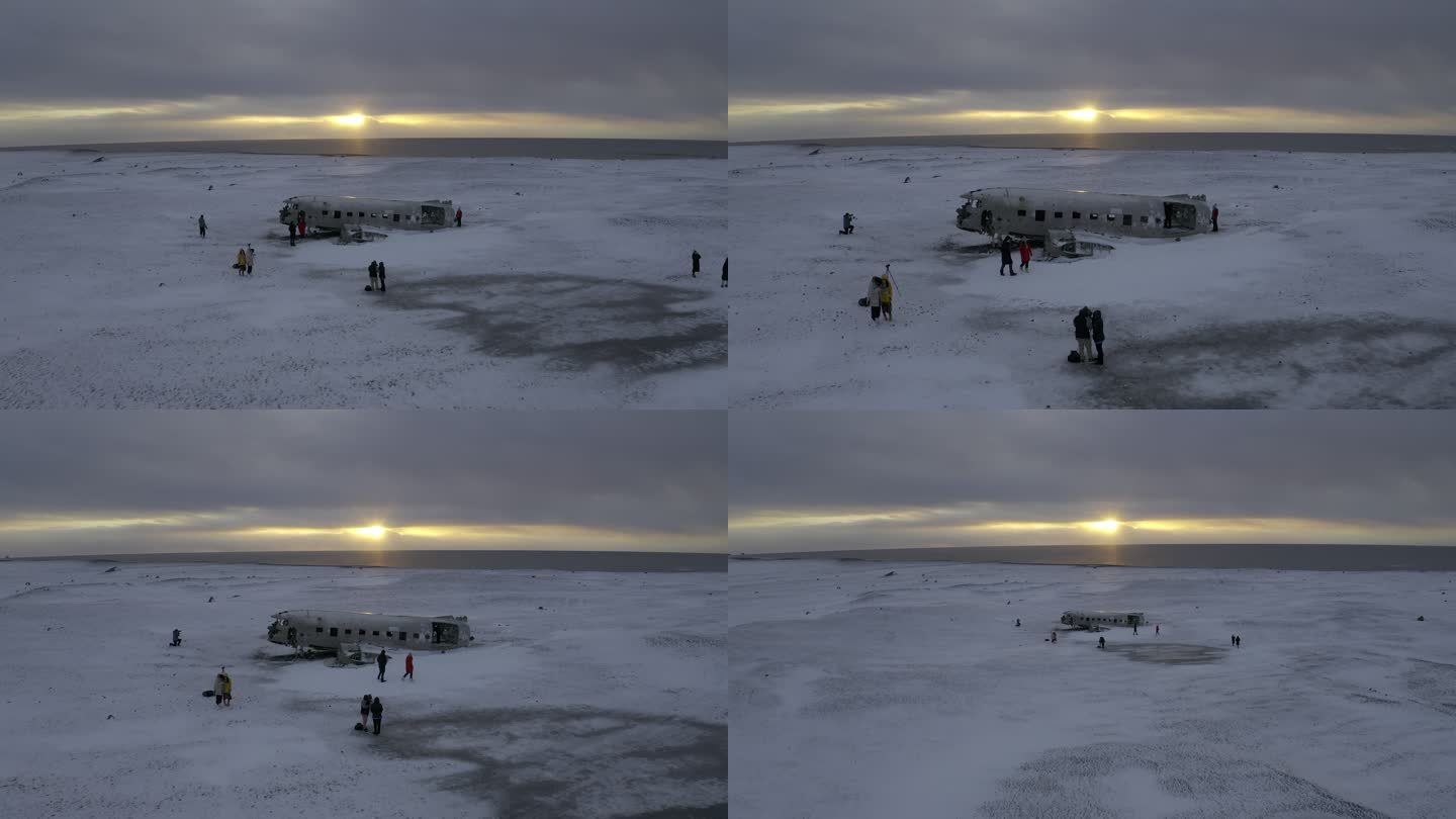 4k航拍雪地冰岛飞机残骸日出寒冷