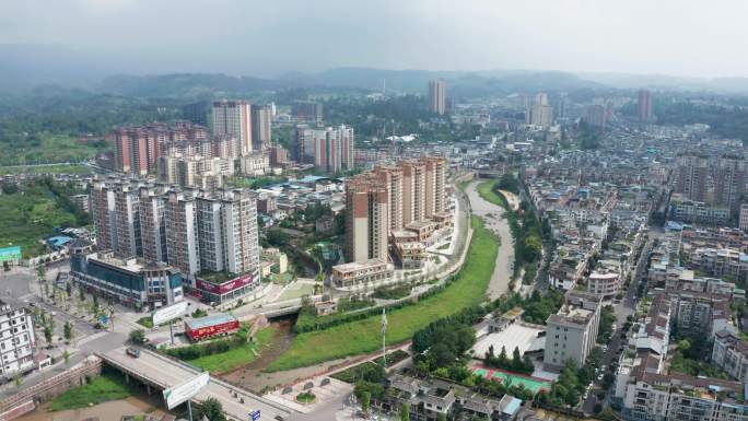 四川雅安名山城区沿江全景航拍