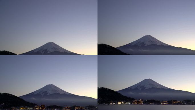 电影倾斜：富士山日落在日本山梨县的kawaguchiko湖