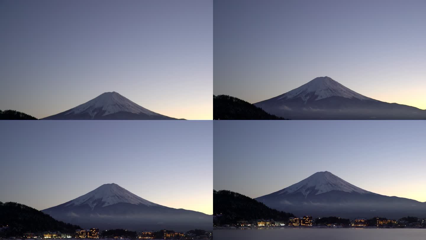 电影倾斜：富士山日落在日本山梨县的kawaguchiko湖