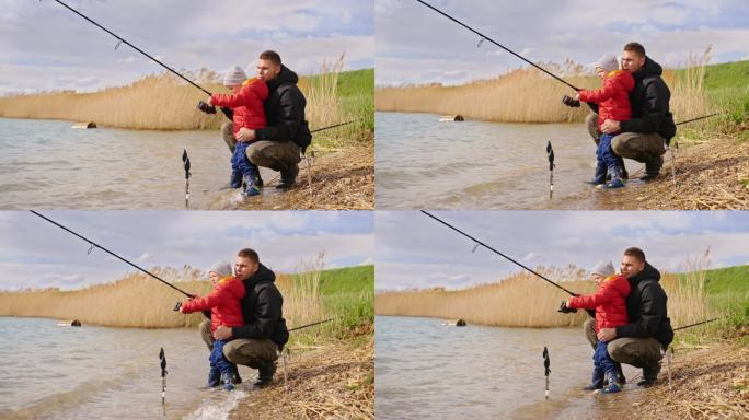 父亲和儿子在河上钓鱼