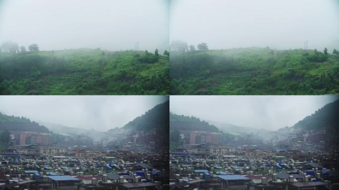 阴雨连绵雨雾里的小镇雨季4k