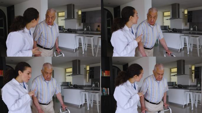 女医生在家中用助行器行走时与男老年患者交谈