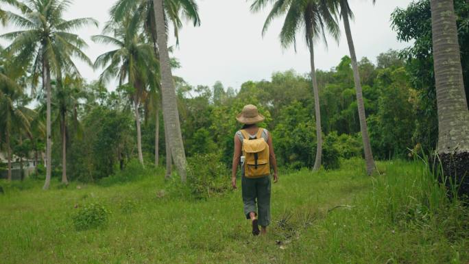 亚洲年轻女子探索椰子林