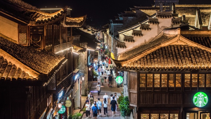 台州临海市紫阳街长城景区夜景人群风光延时