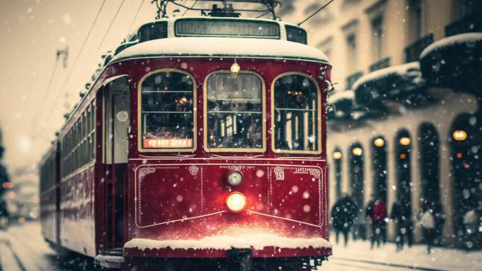 欧洲街头下雪 唯美红色电车