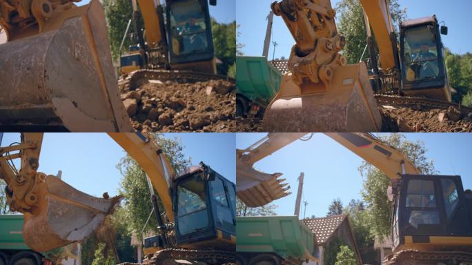SLO MO挖掘机铲斗在阳光充足的施工现场捡拾上层土壤