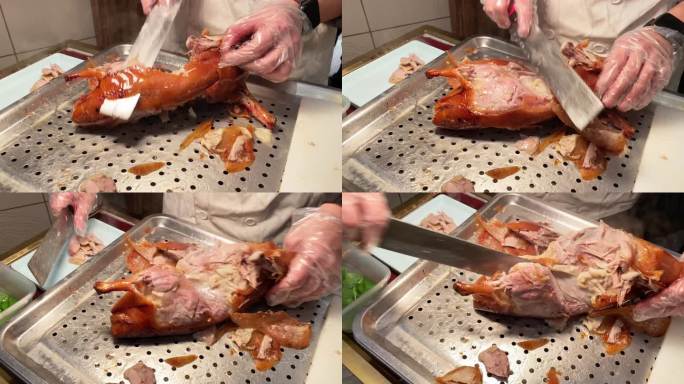 厨师切北京烤鸭全聚德鸭皮脆皮