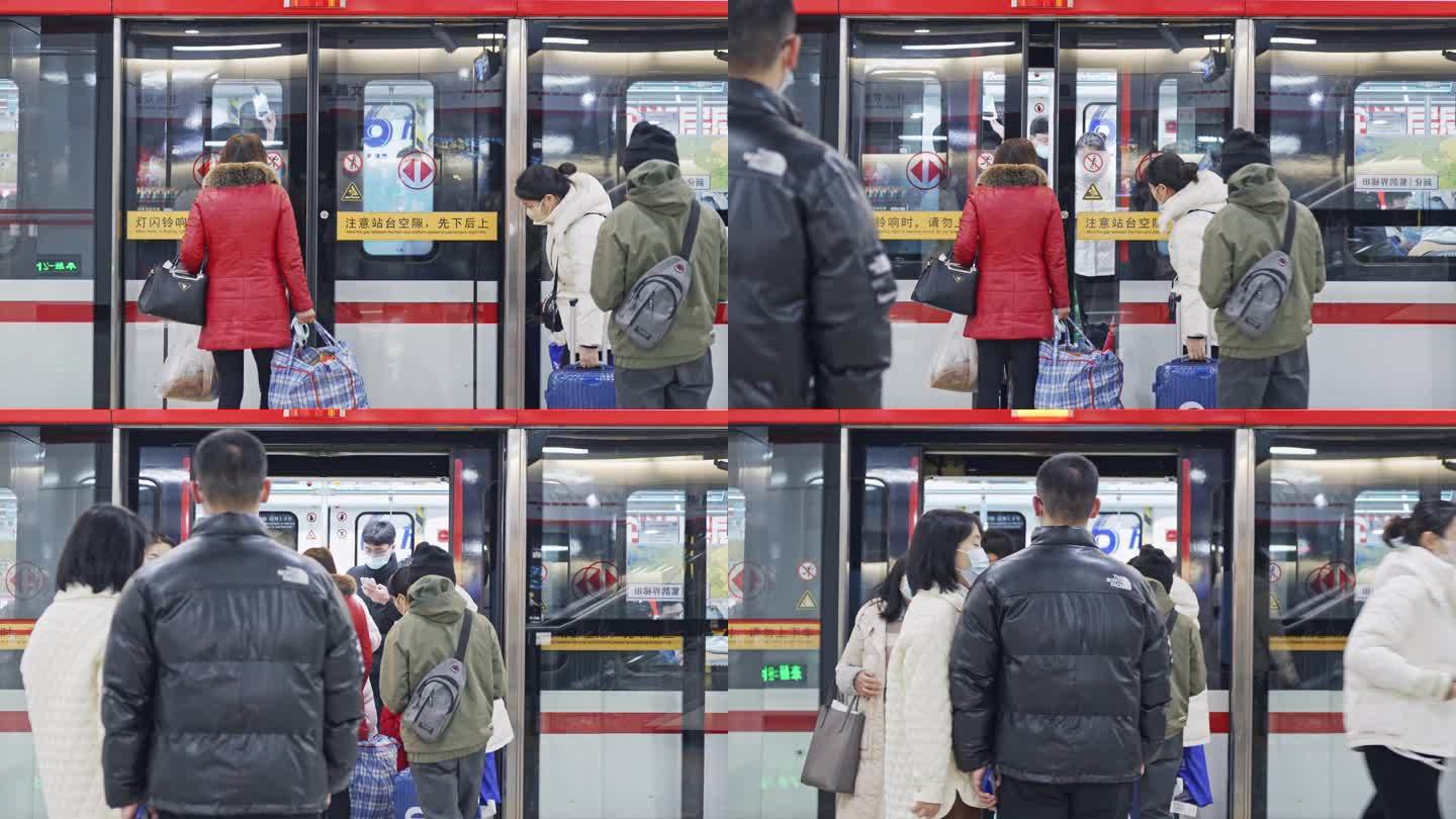 春运地铁进站开门乘客等车上车