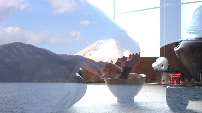 富士山和阿什湖的传统茶道“sado”