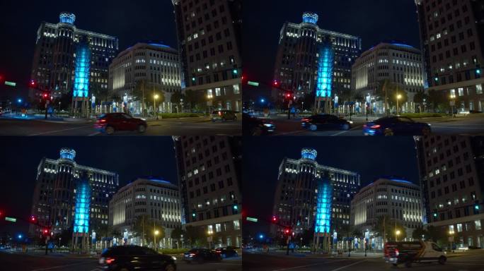 佛罗里达州奥兰多市市政厅广场，夜晚灯火通明。