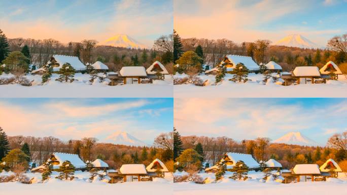 日本冬季大雪后，富士山下的大岛箱凯村日出的4k延时是背景