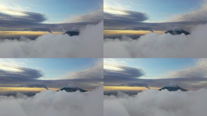 富士山日出鸟瞰图日本圣山雪山积雪火山口