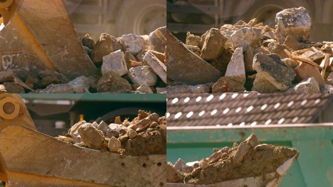 SLO MO挖掘机铲斗在阳光下捡拾建筑垃圾