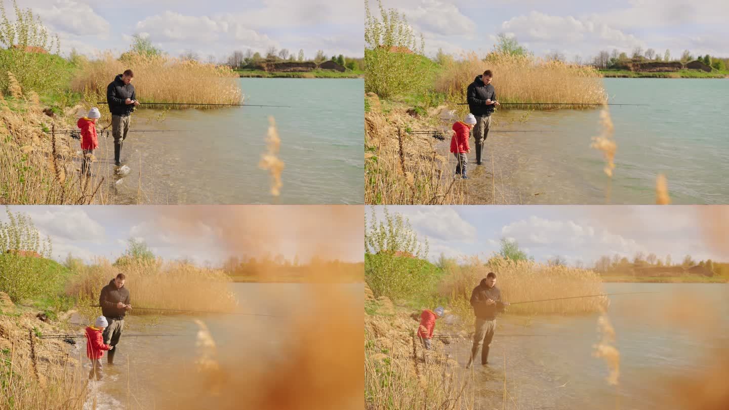 父子俩在河里钓鱼秋天国外父亲带孩子钓鱼玩