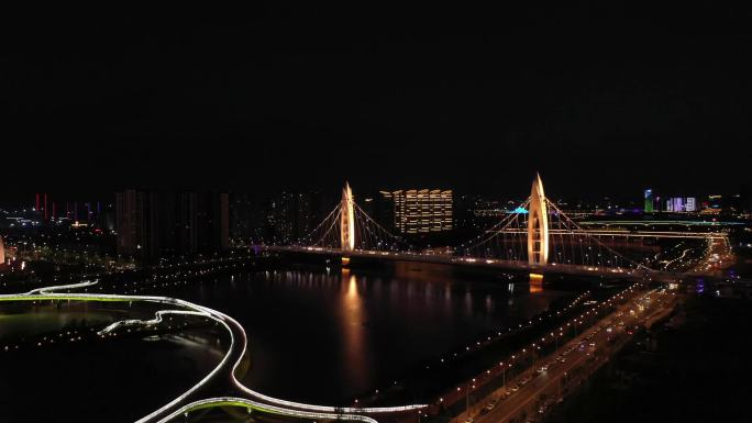 西安灞河风光元朔大桥航拍夜景