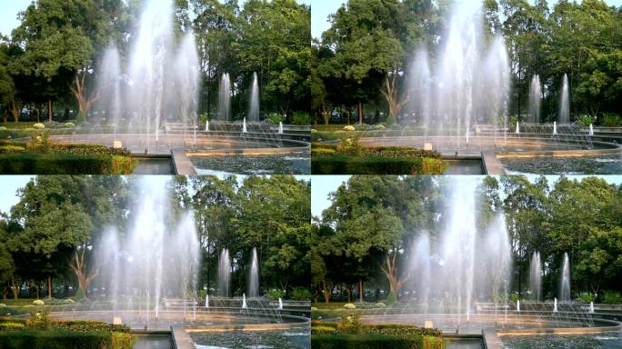 慢镜头：公共公园的喷泉