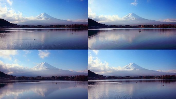 日本富士山富士山湖面唯美船只