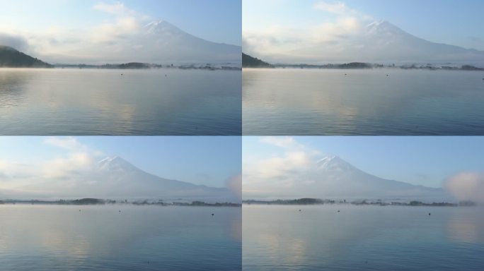 富士山和川口湖，秋天有晨雾