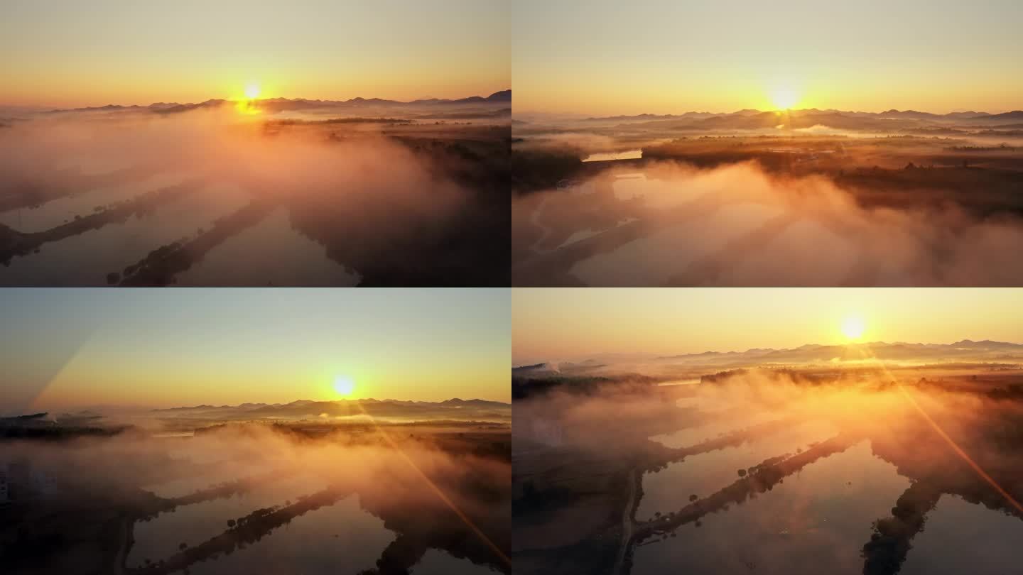 4K 航拍晨雾中的日出 水库