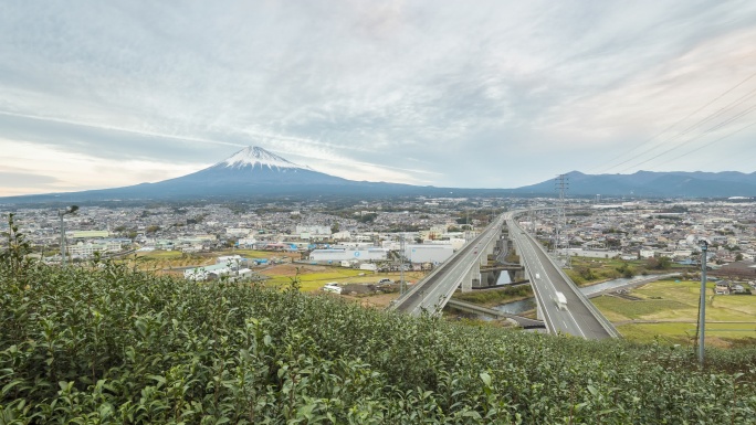 富士山、茶树和高速公路延时