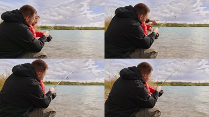 父亲教儿子在河里钓鱼