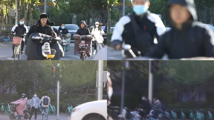 红绿灯 行人 过马路 自行车 摩托 路口