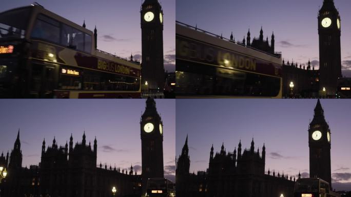 英国4k素材夜幕下的大本钟，红色巴士驶过