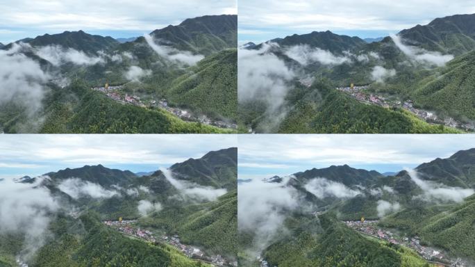 航拍浙江诸暨应店街山村村落竹林竹山云雾雨