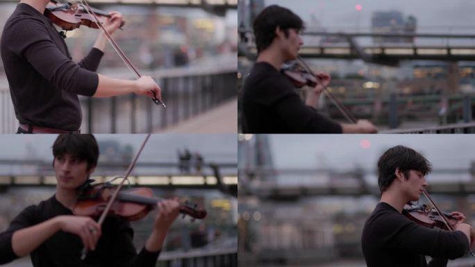 英国4k素材泰晤士河拉小提琴的年轻音乐家