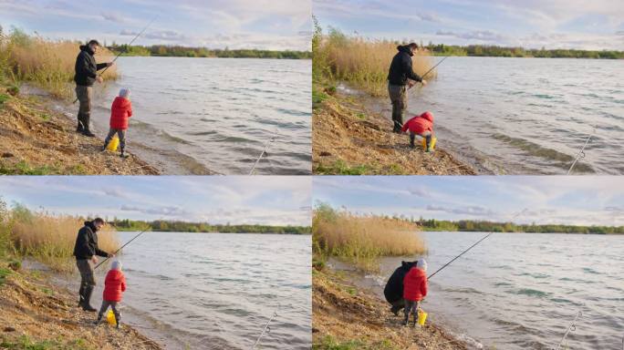 小男孩拿着鱼竿向河里扔鱼食
