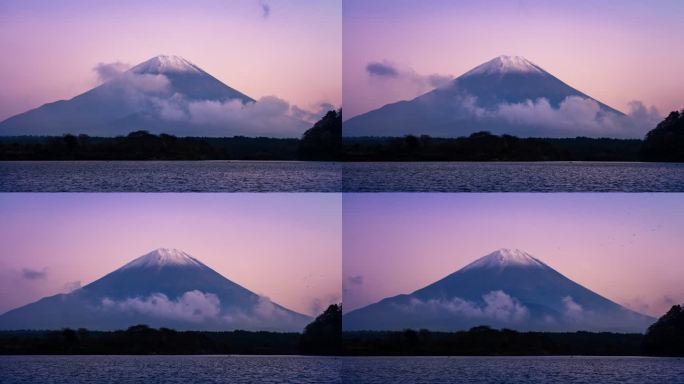 4K时间流逝：日本山梨县的Shoji湖和富士山。