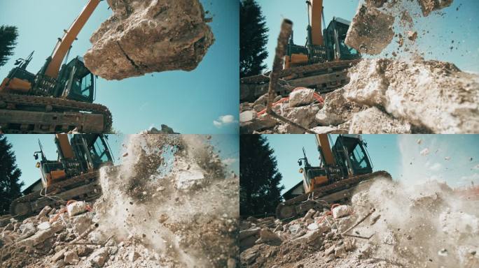 SLO MO大型混凝土块在挖掘机掉落时掉落并压碎