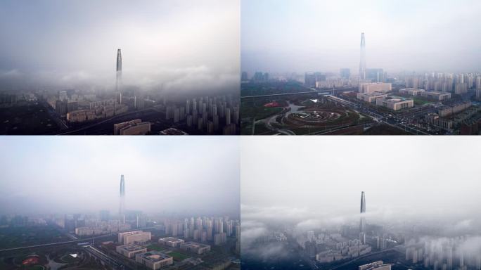 云雾中的天津滨海新区周大福金融中心