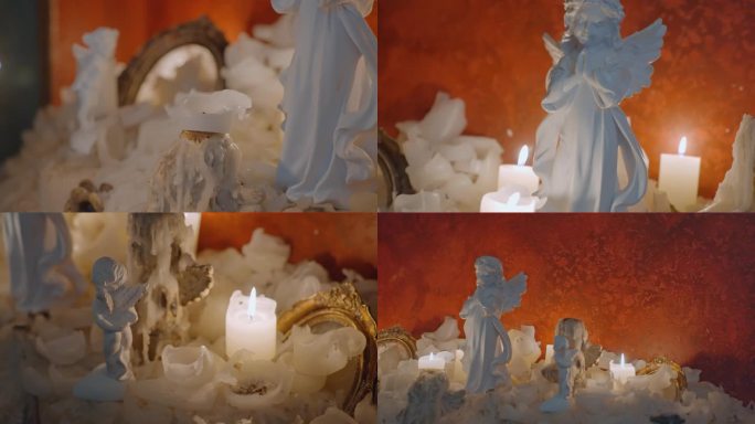 教堂蜡烛特写和天使雕像